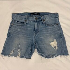 Express Girlfriend Denim Shorts Womens 0 Light Wash Blue Good Distressed Raw Hem